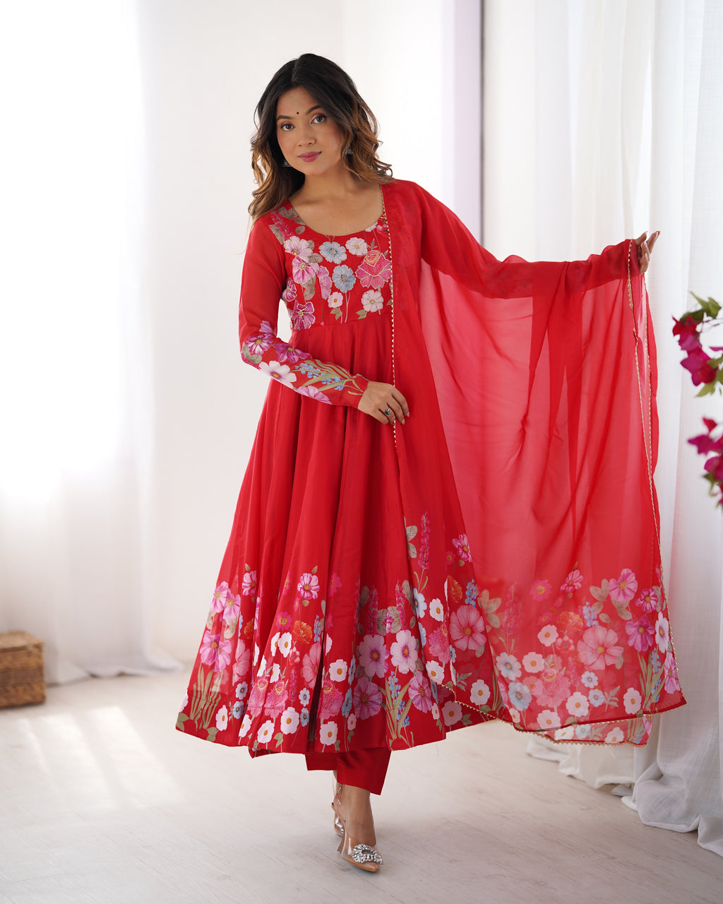 Floral Organza Silk Printed Anarkali with Badla Jari Handwork & Gota Patti Dupatta