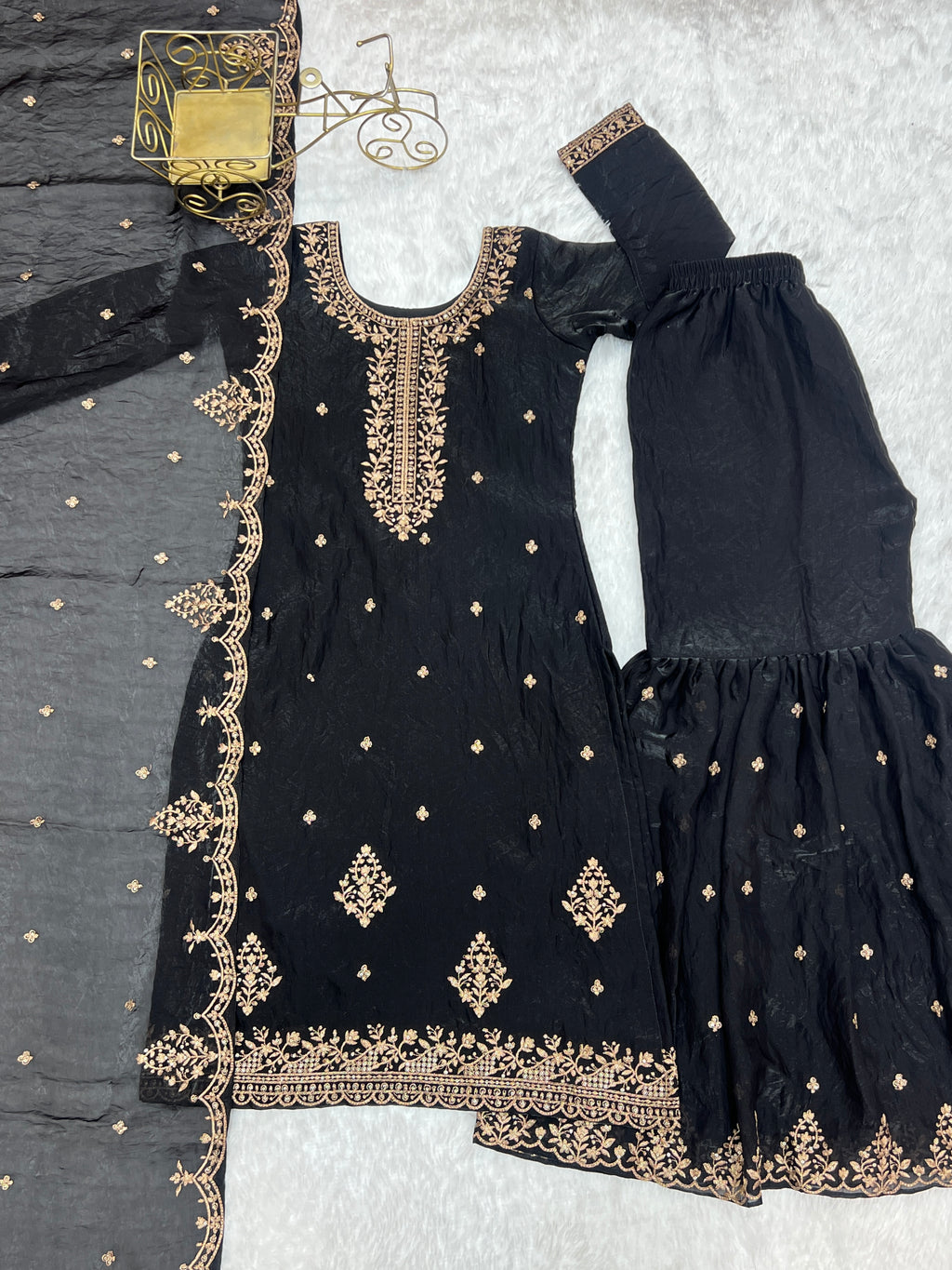Crunchy Silk Embroidered Sharara Set with Jari, Sequence & Dupatta Work