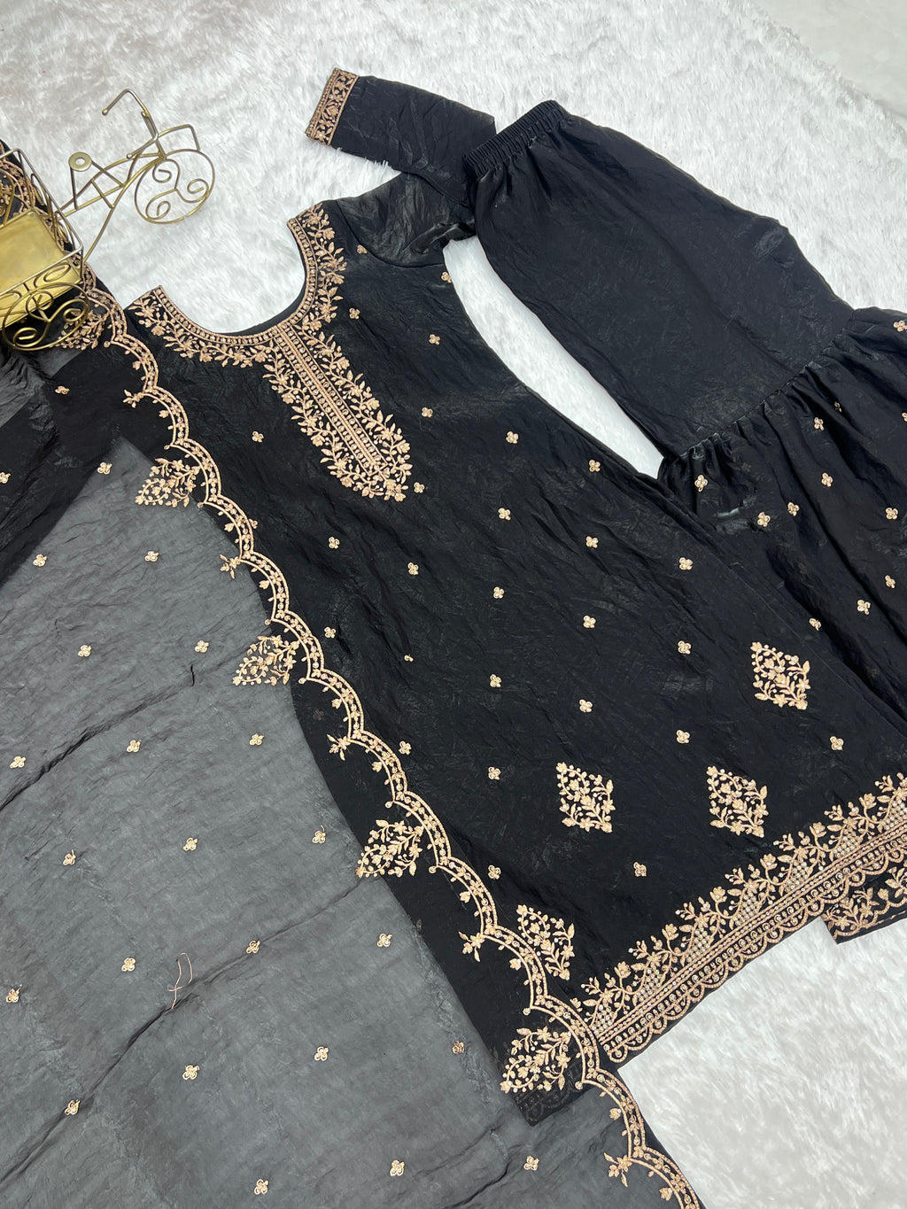 Crunchy Silk Embroidered Sharara Set with Jari, Sequence & Dupatta Work