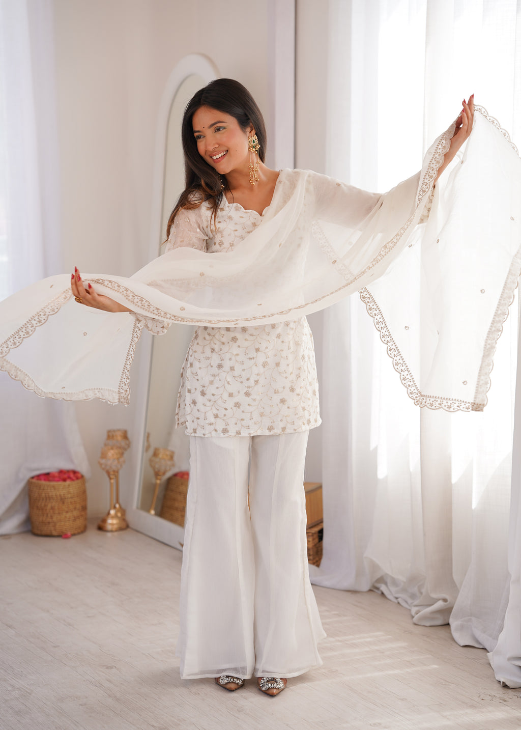 Crunchy Silk Embroidered Bell Bottom Suit with Sequin, Jari & Lace Work Dupatta