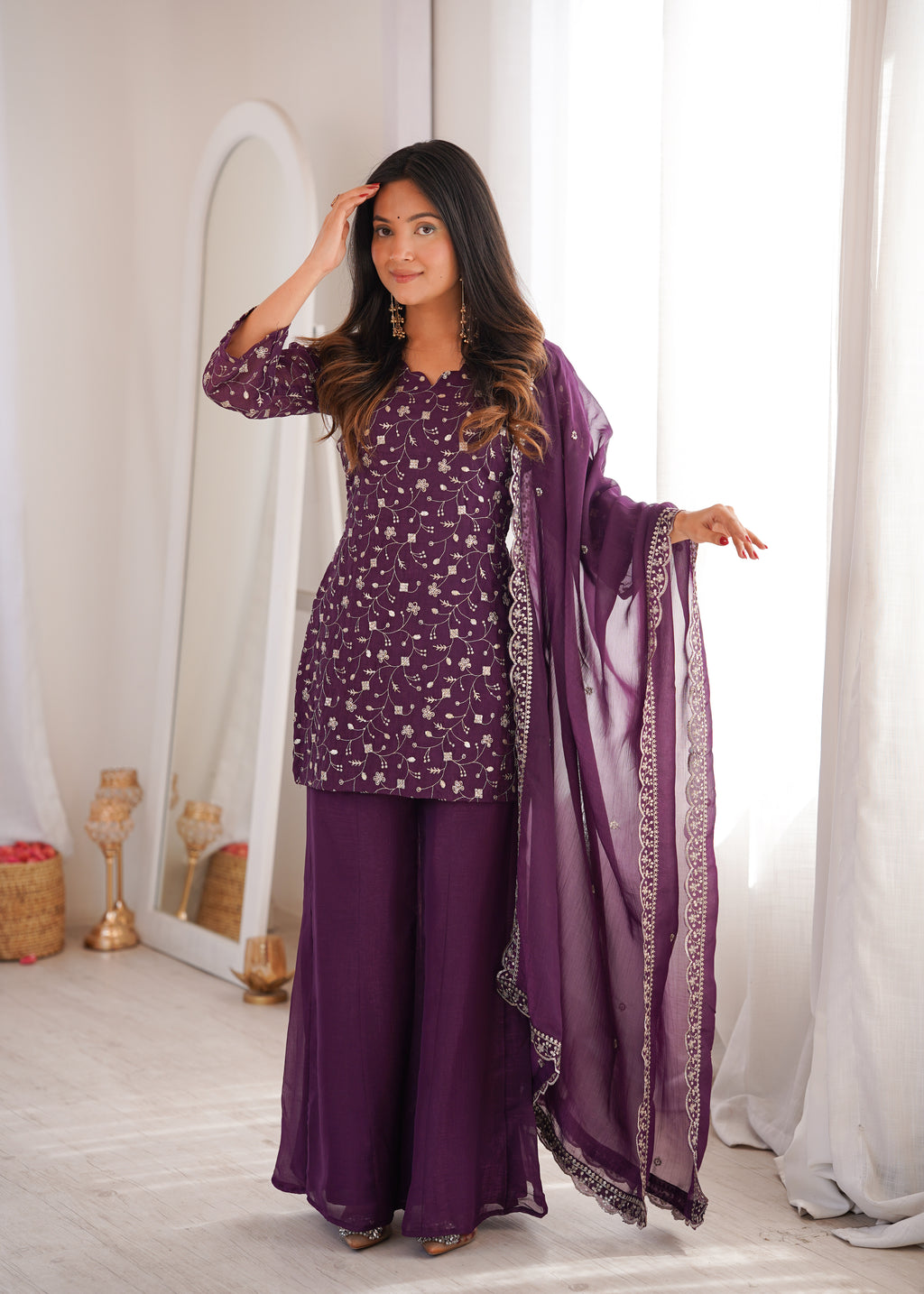 Crunchy Silk Embroidered Bell Bottom Suit with Sequin, Jari & Lace Work Dupatta