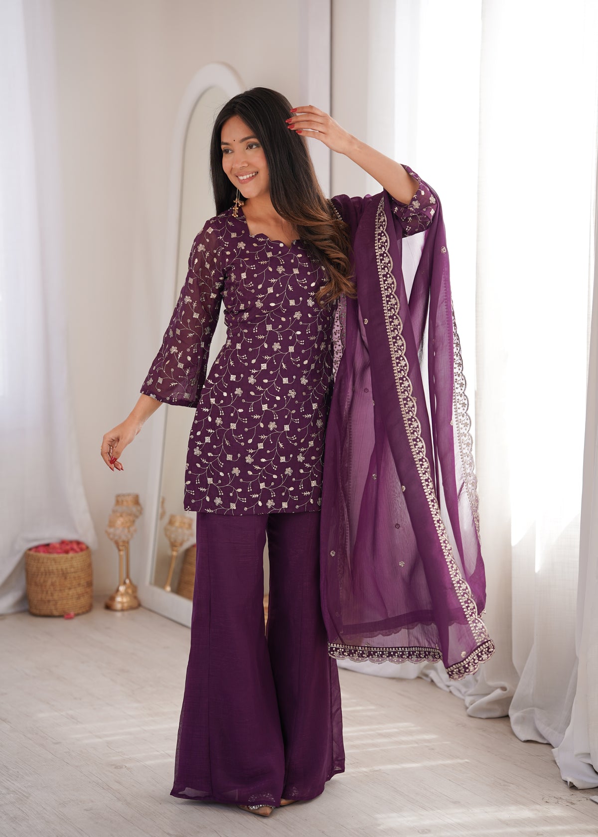 Crunchy Silk Embroidered Bell Bottom Suit with Sequin, Jari & Lace Work Dupatta