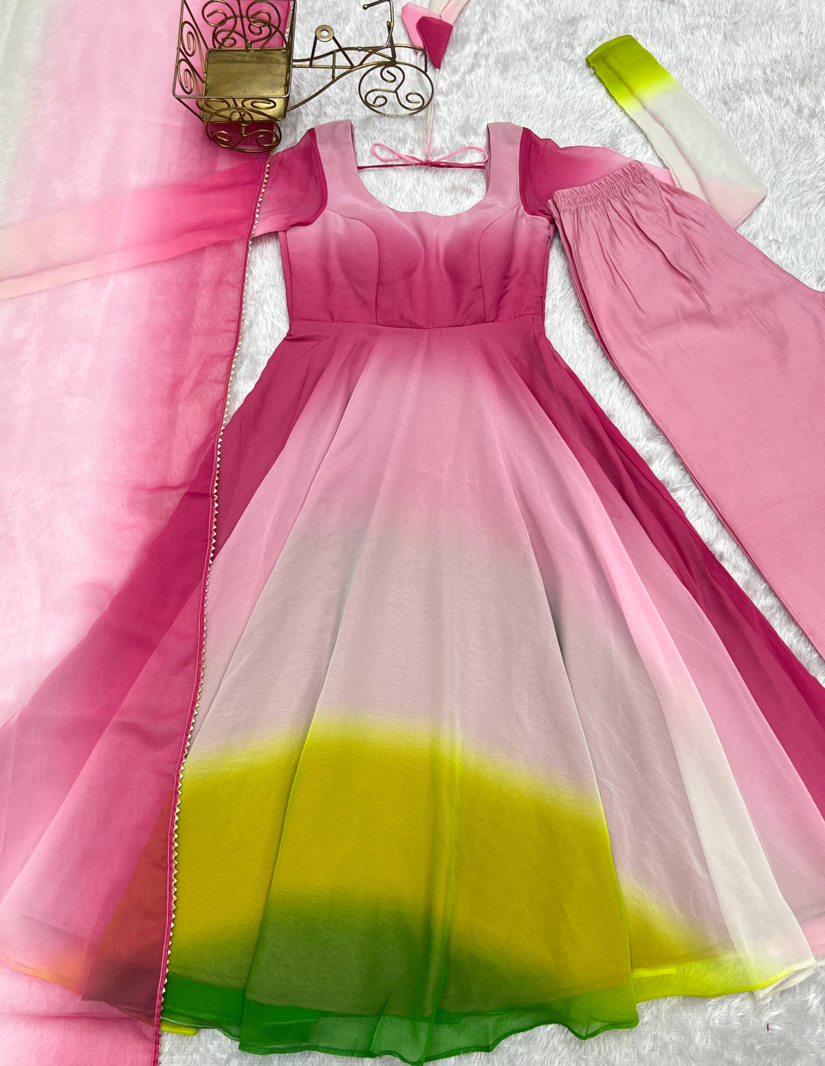 Colorful Faux Georgette Padded Anarkali Set with 6.5M Flair & Lace Dupatta