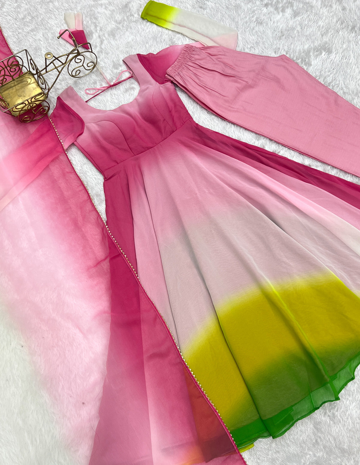 Colorful Faux Georgette Padded Anarkali Set with 6.5M Flair & Lace Dupatta