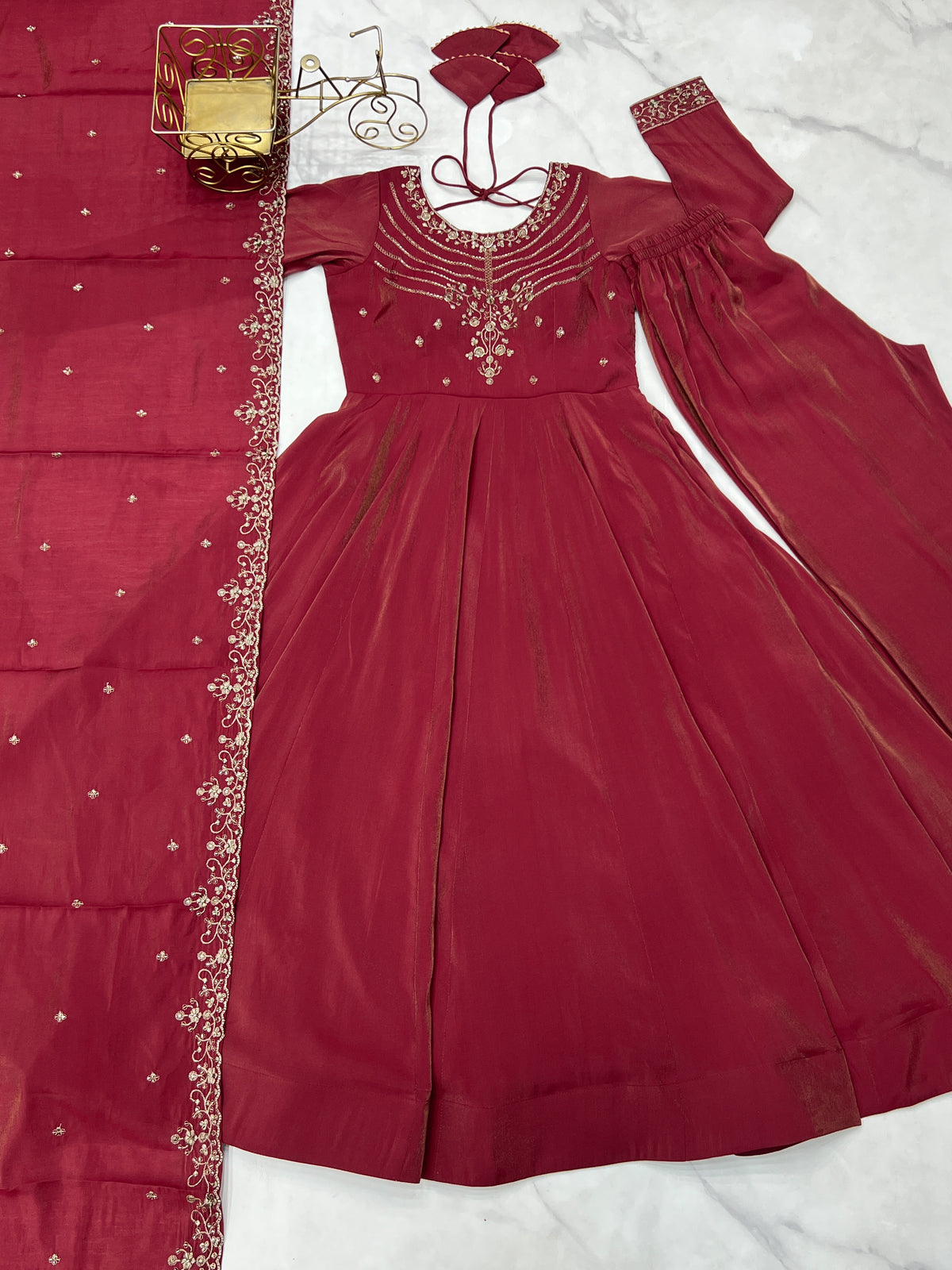 Maroon Roman Shimmer Chanderi Silk Embellished Anarkali Gown Set with Dupatta & Pant