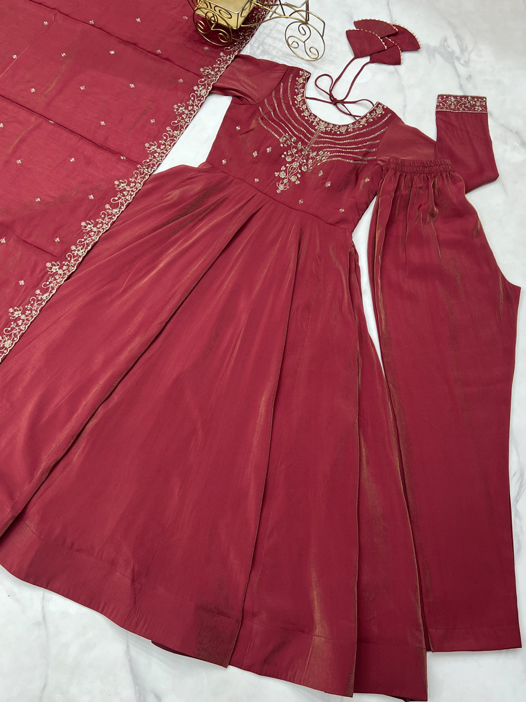 Maroon Roman Shimmer Chanderi Silk Embellished Anarkali Gown Set with Dupatta & Pant