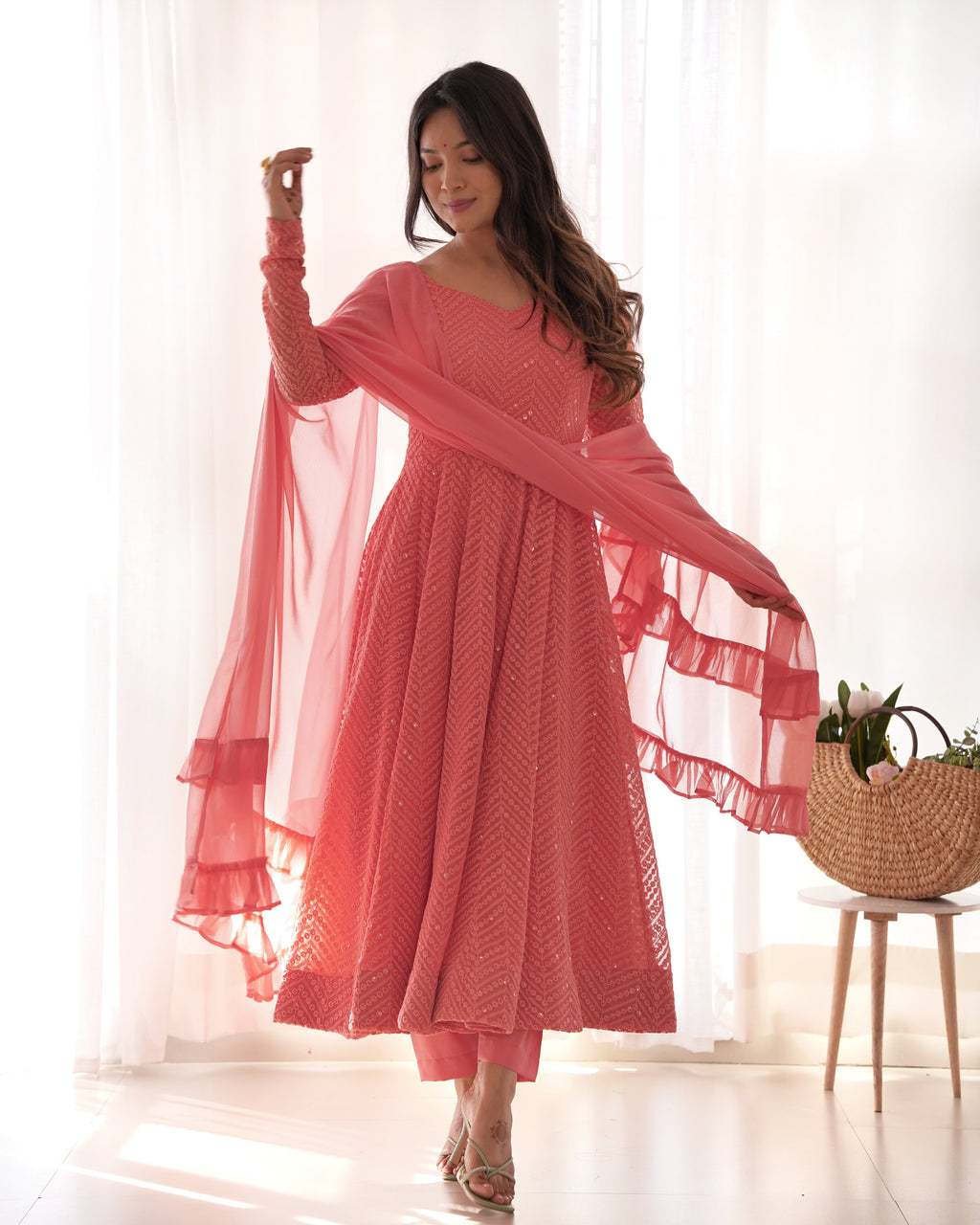 Lucknowi Faux Georgette Anarkali Suit with 4M Kali Flair, Sequin Work & Ruffle Dupatta