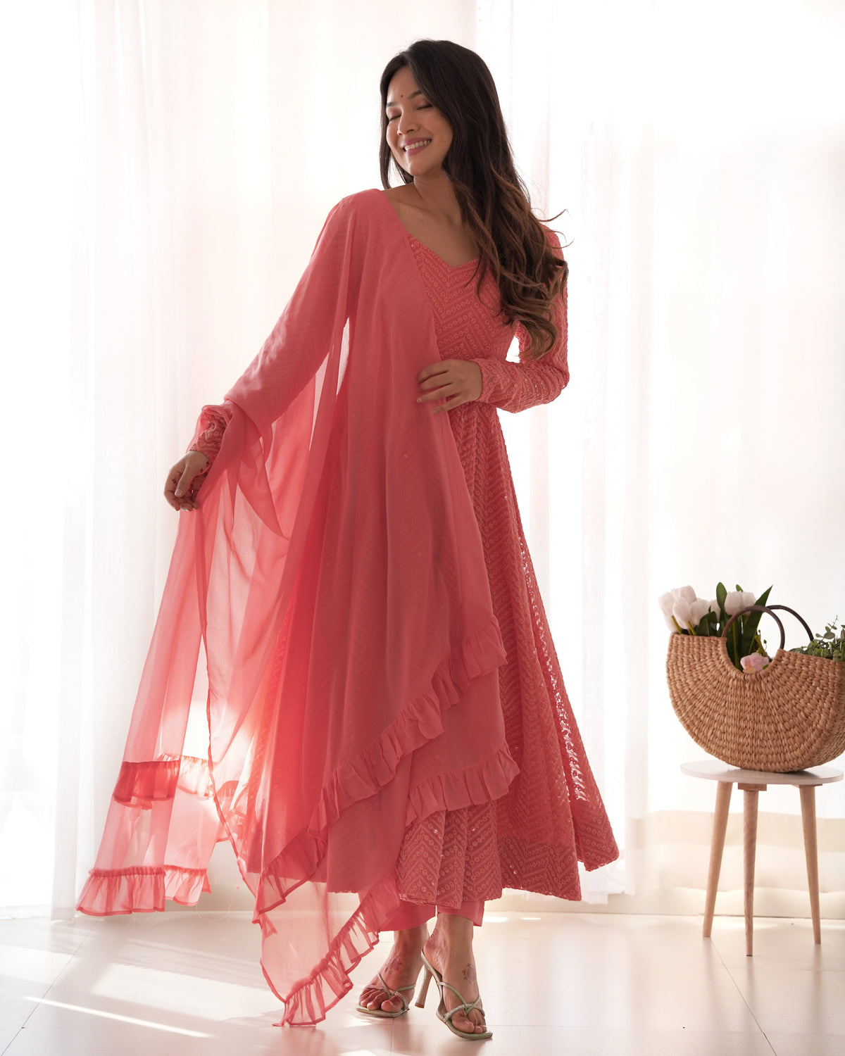 Lucknowi Faux Georgette Anarkali Suit with 4M Kali Flair, Sequin Work & Ruffle Dupatta