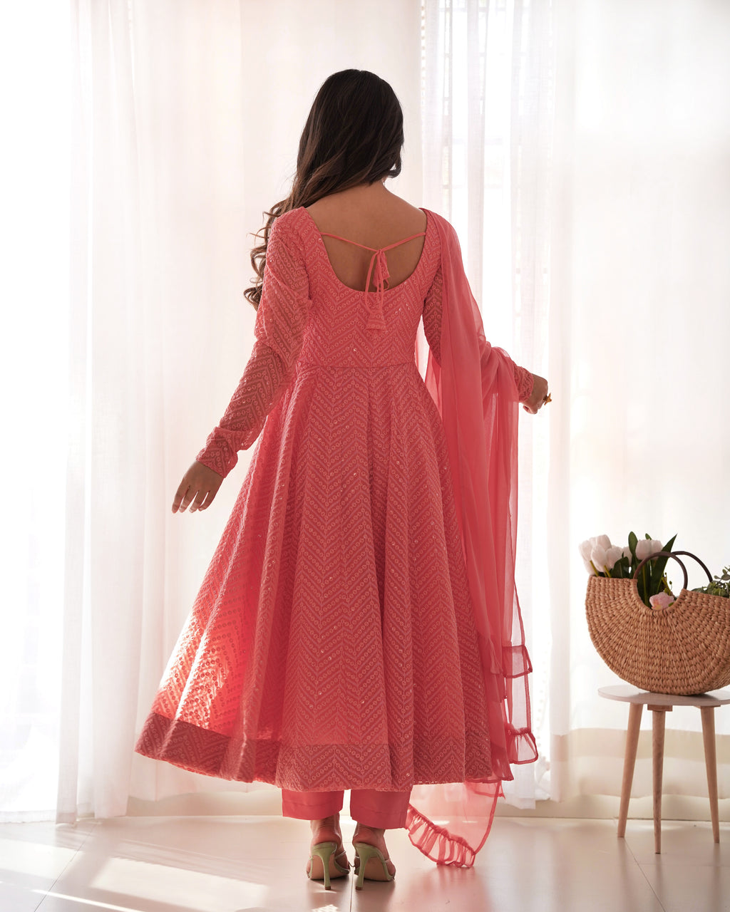 Lucknowi Faux Georgette Anarkali Suit with 4M Kali Flair, Sequin Work & Ruffle Dupatta