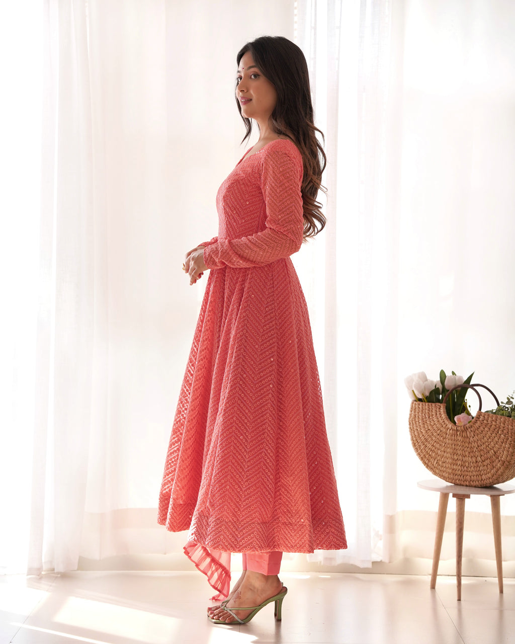 Lucknowi Faux Georgette Anarkali Suit with 4M Kali Flair, Sequin Work & Ruffle Dupatta