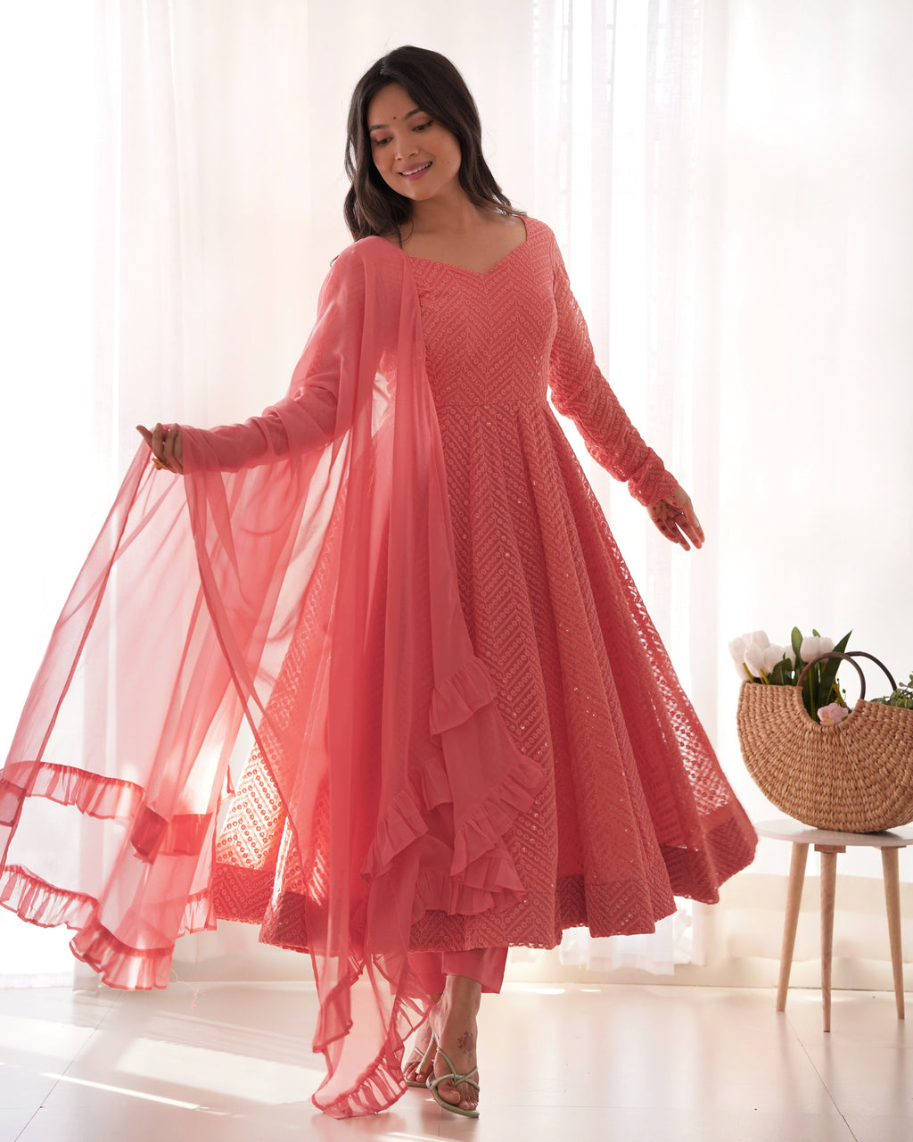 Lucknowi Faux Georgette Anarkali Suit with 4M Kali Flair, Sequin Work & Ruffle Dupatta