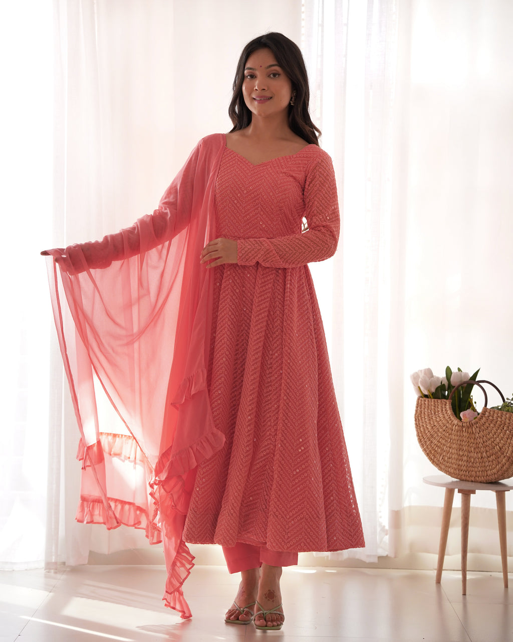 Lucknowi Faux Georgette Anarkali Suit with 4M Kali Flair, Sequin Work & Ruffle Dupatta
