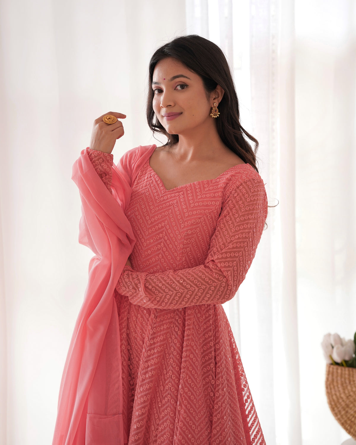 Lucknowi Faux Georgette Anarkali Suit with 4M Kali Flair, Sequin Work & Ruffle Dupatta