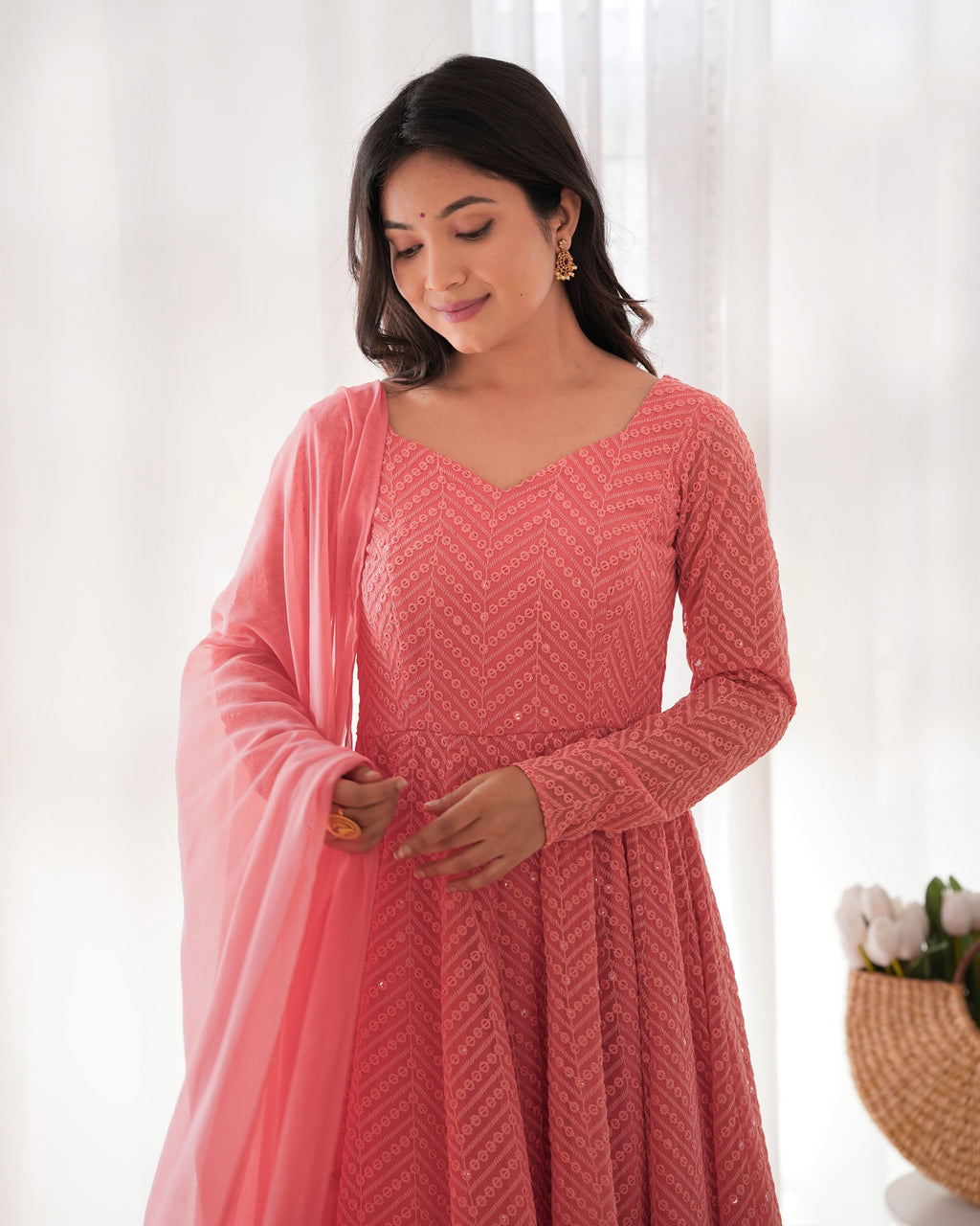 Lucknowi Faux Georgette Anarkali Suit with 4M Kali Flair, Sequin Work & Ruffle Dupatta