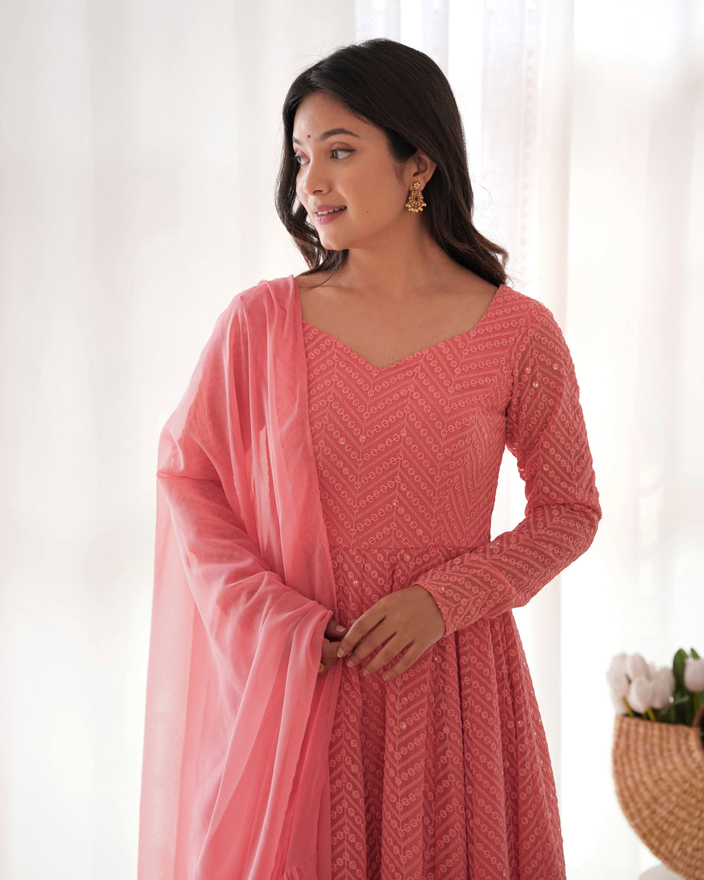 Lucknowi Faux Georgette Anarkali Suit with 4M Kali Flair, Sequin Work & Ruffle Dupatta