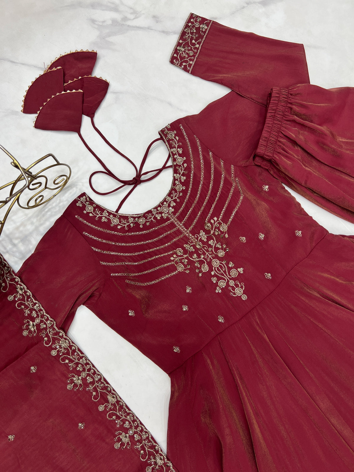 Maroon Roman Shimmer Chanderi Silk Embellished Anarkali Gown Set with Dupatta & Pant