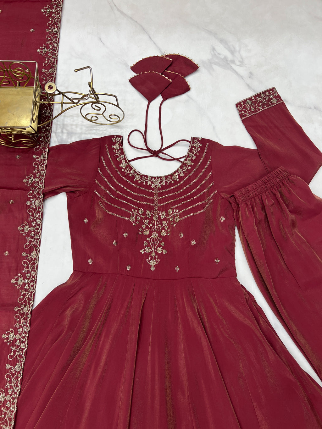 Maroon Roman Shimmer Chanderi Silk Embellished Anarkali Gown Set with Dupatta & Pant