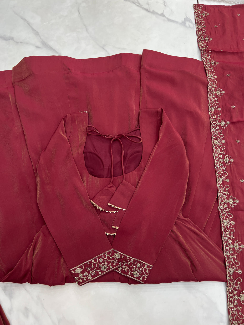 Maroon Roman Shimmer Chanderi Silk Embellished Anarkali Gown Set with Dupatta & Pant