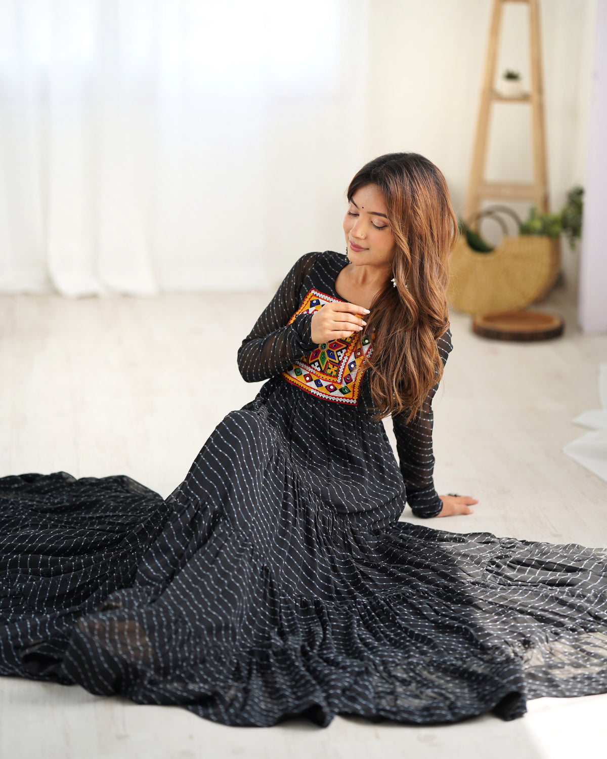 Laheriya Print Faux Georgette 7M+ Flair Anarkali Gown with Gamthi Yoke & Back Dori