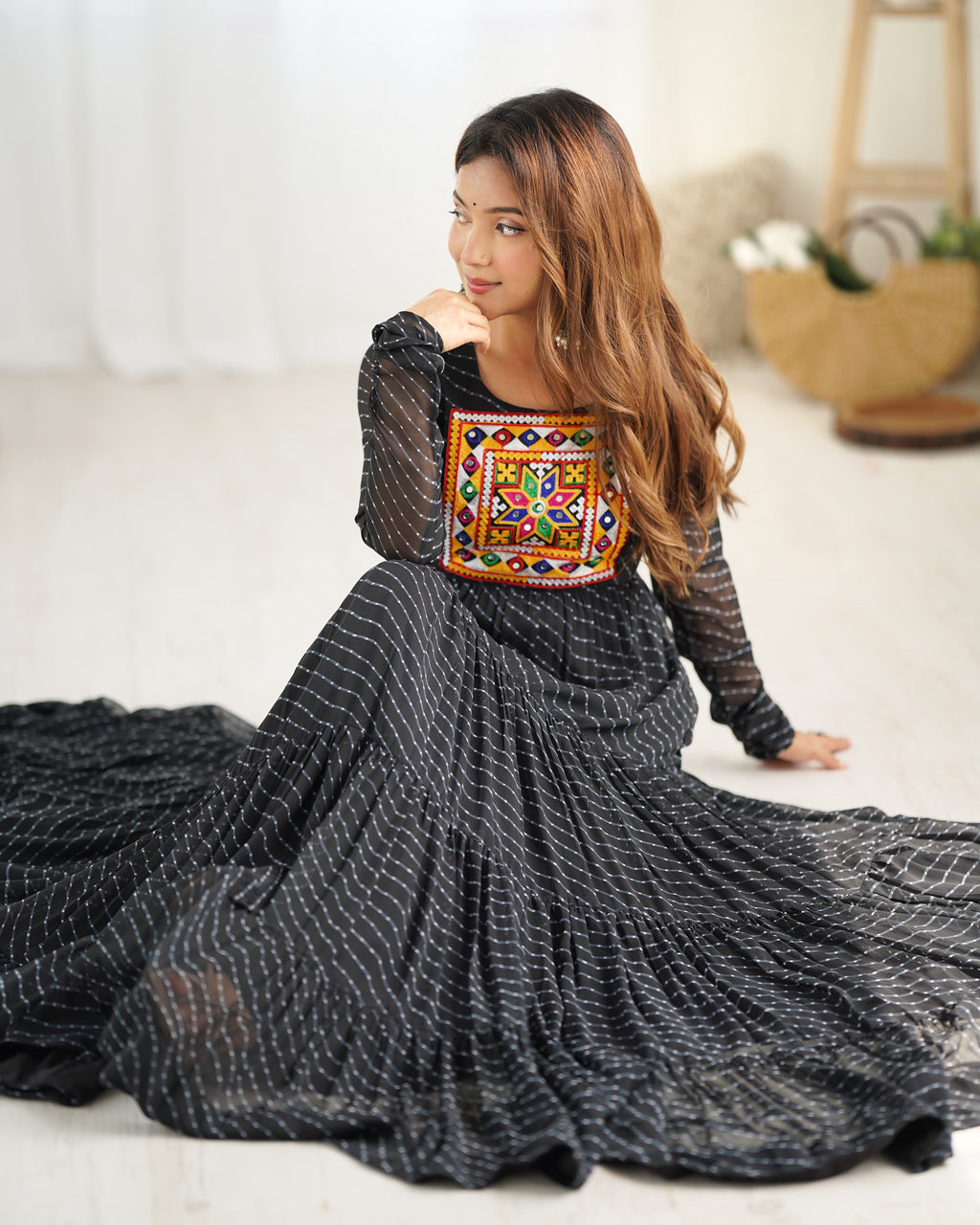 Laheriya Print Faux Georgette 7M+ Flair Anarkali Gown with Gamthi Yoke & Back Dori