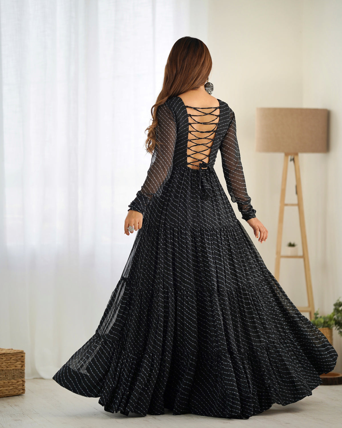 Laheriya Print Faux Georgette 7M+ Flair Anarkali Gown with Gamthi Yoke & Back Dori