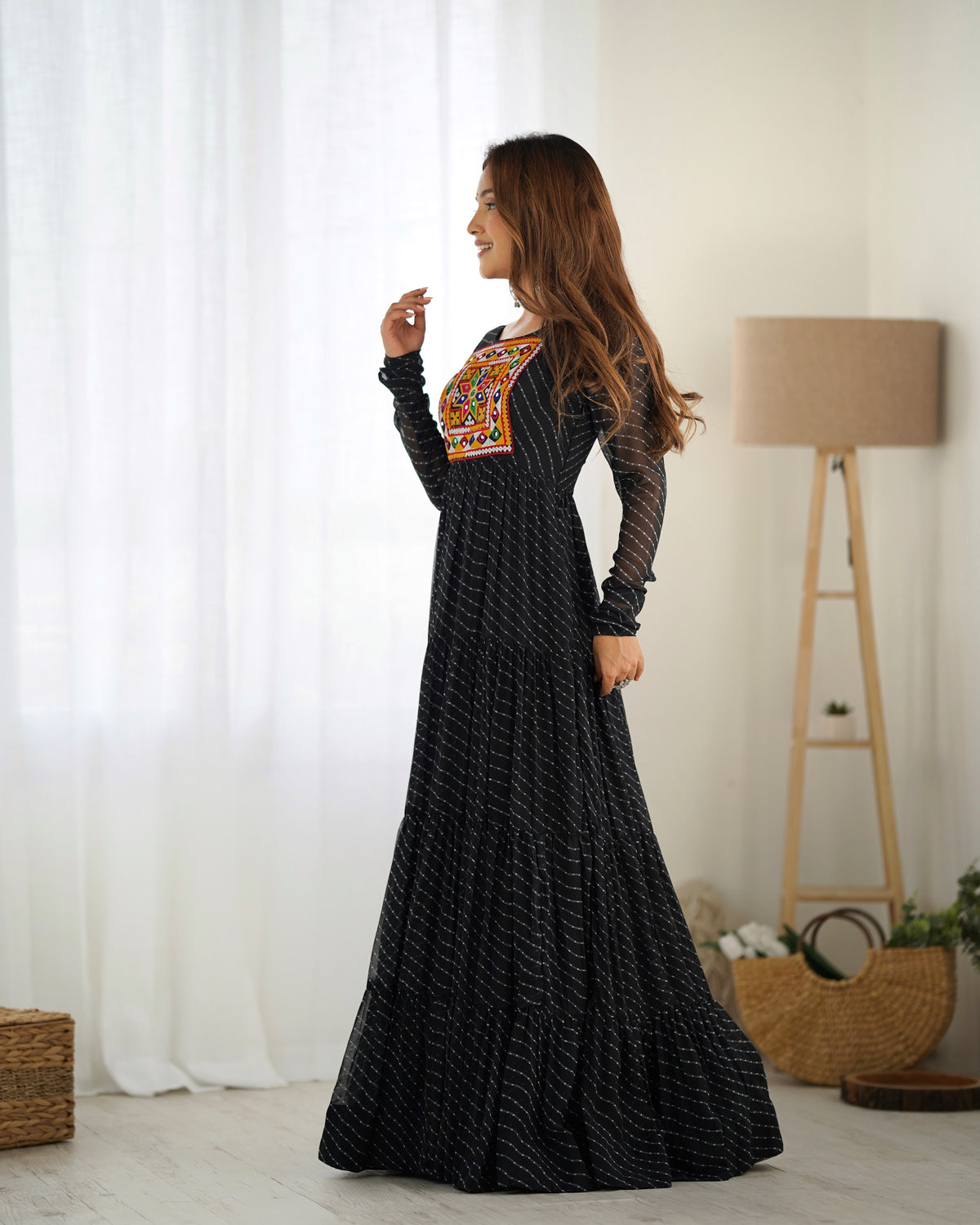 Laheriya Print Faux Georgette 7M+ Flair Anarkali Gown with Gamthi Yoke & Back Dori