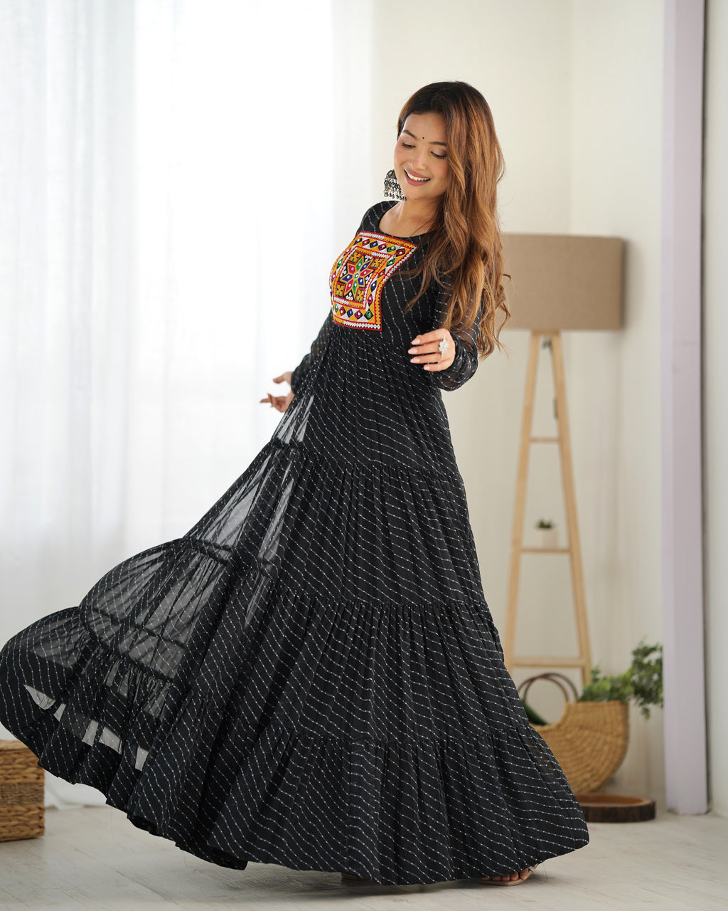 Laheriya Print Faux Georgette 7M+ Flair Anarkali Gown with Gamthi Yoke & Back Dori