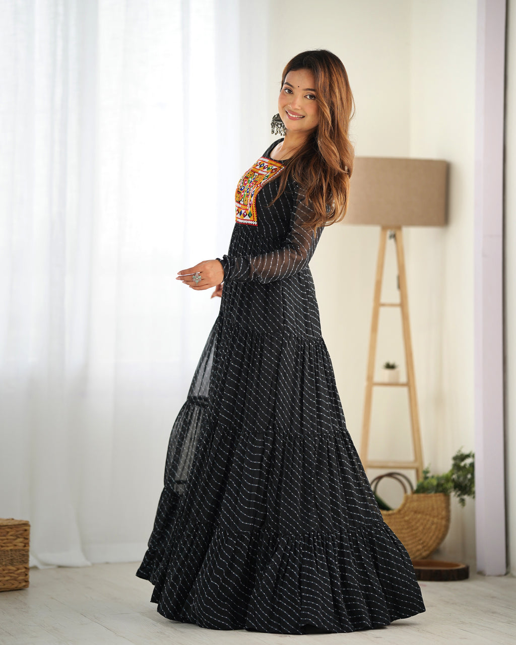 Laheriya Print Faux Georgette 7M+ Flair Anarkali Gown with Gamthi Yoke & Back Dori