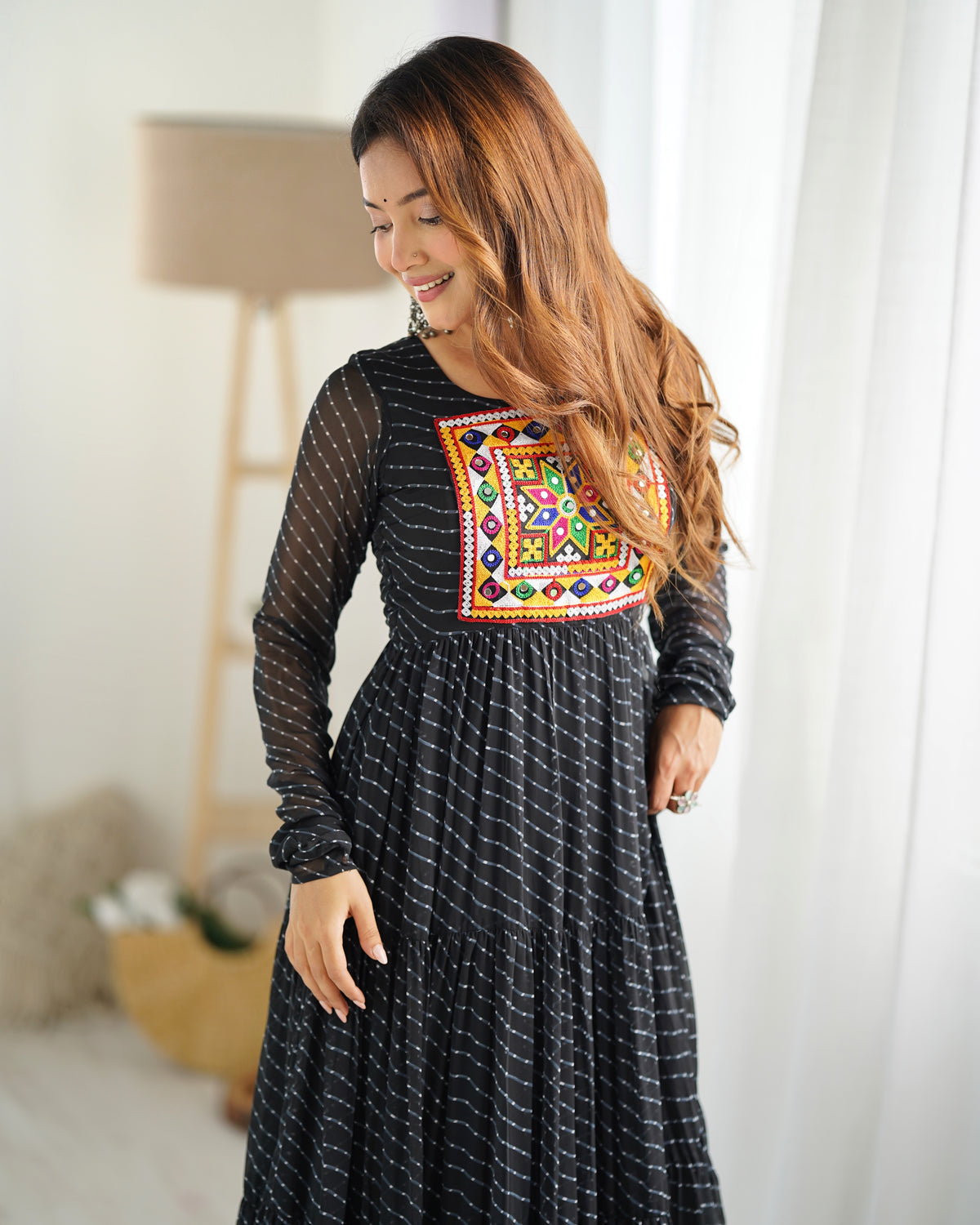 Laheriya Print Faux Georgette 7M+ Flair Anarkali Gown with Gamthi Yoke & Back Dori