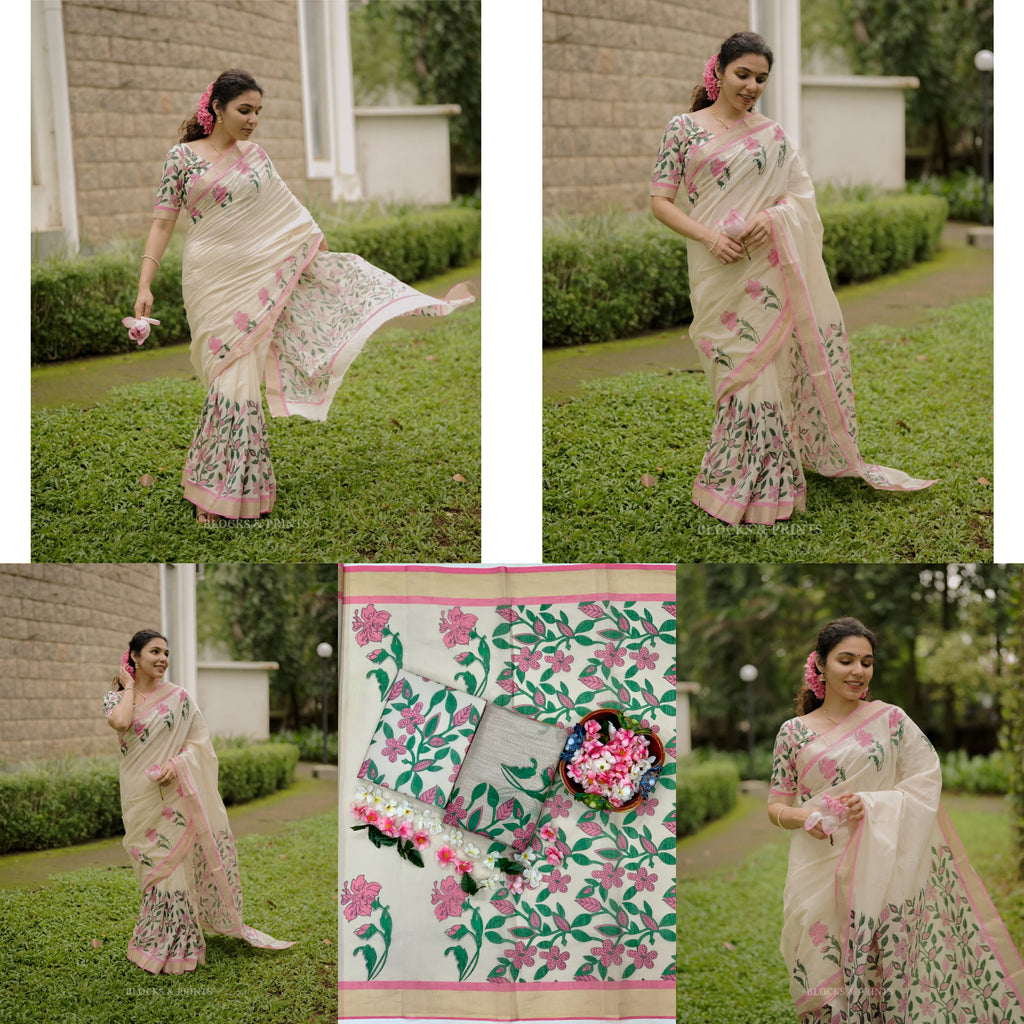 Elegant Blossom Digital Print Linen Cotton Saree with Matching Blouse