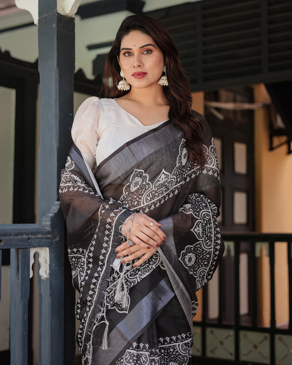 Linen Cotton Digital Printed Saree with Silver Zari Patta and Zahlar Tassels