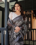 Linen Cotton Digital Printed Saree with Silver Zari Patta and Zahlar Tassels