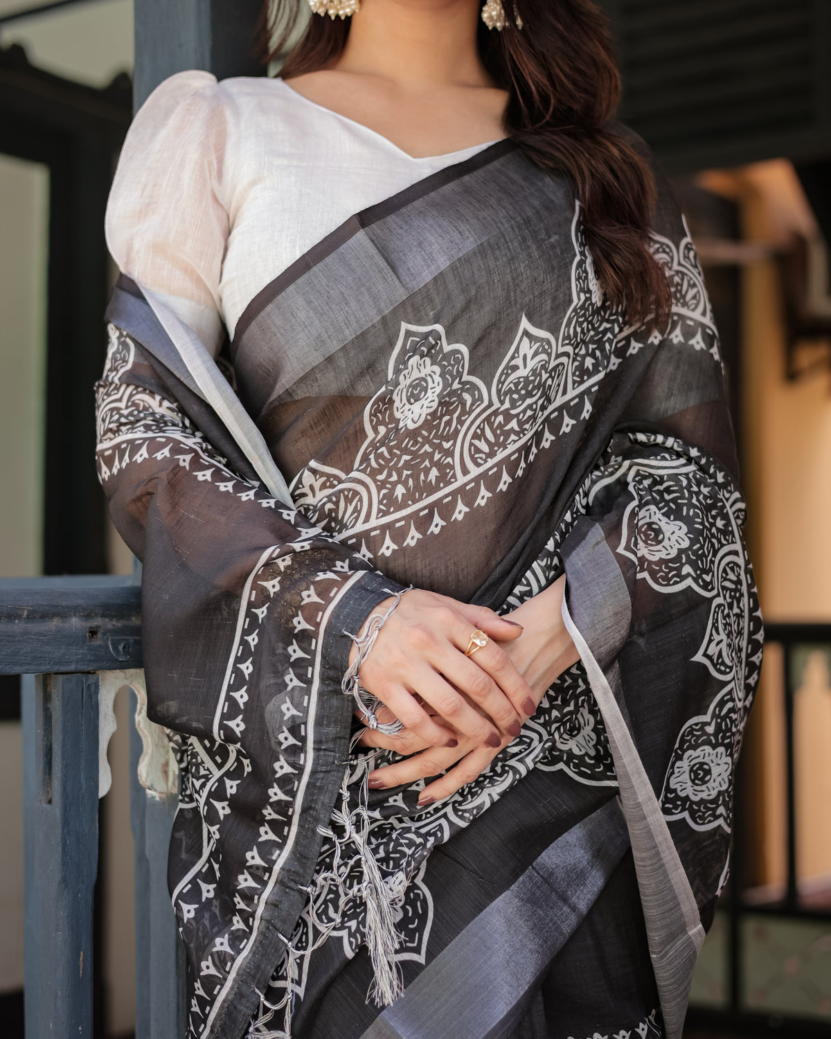 Linen Cotton Digital Printed Saree with Silver Zari Patta and Zahlar Tassels