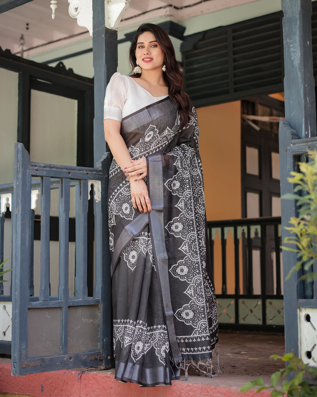 Linen Cotton Digital Printed Saree with Silver Zari Patta and Zahlar Tassels
