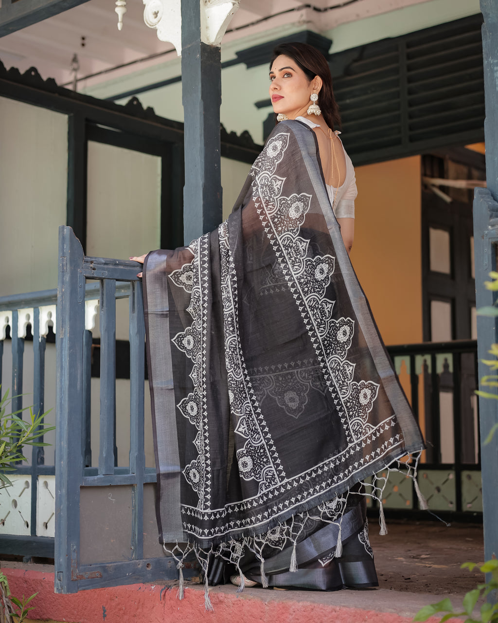 Linen Cotton Digital Printed Saree with Silver Zari Patta and Zahlar Tassels