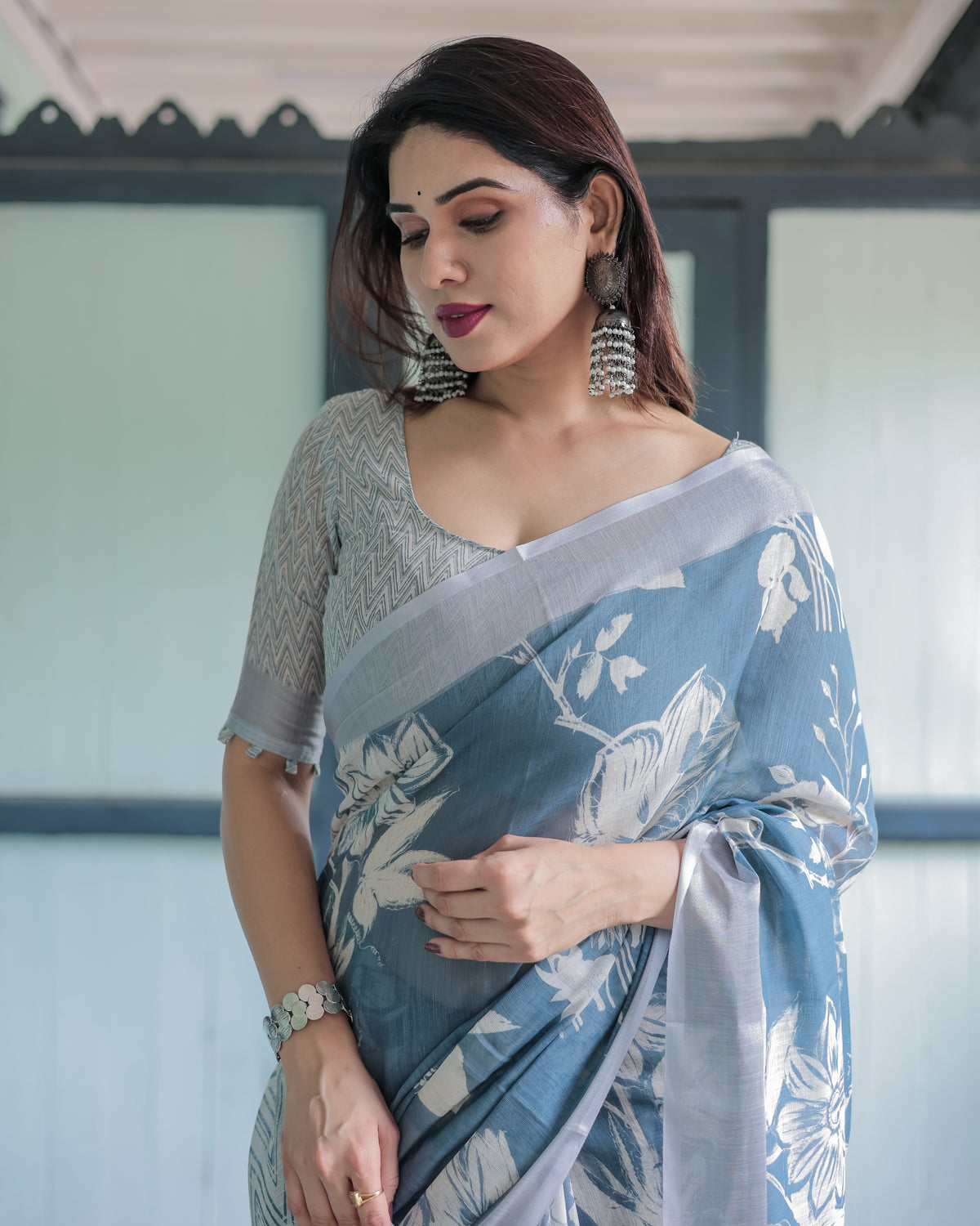 Linen Cotton Digital Printed Saree with Silver Zari Patta, Matching Digital Print Blouse, and Zahlar Tassels