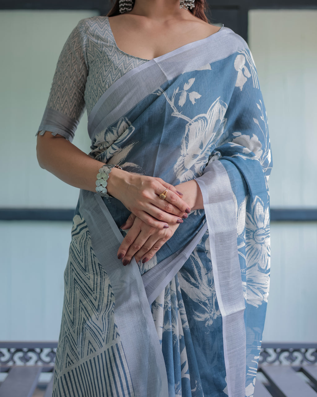 Linen Cotton Digital Printed Saree with Silver Zari Patta, Matching Digital Print Blouse, and Zahlar Tassels