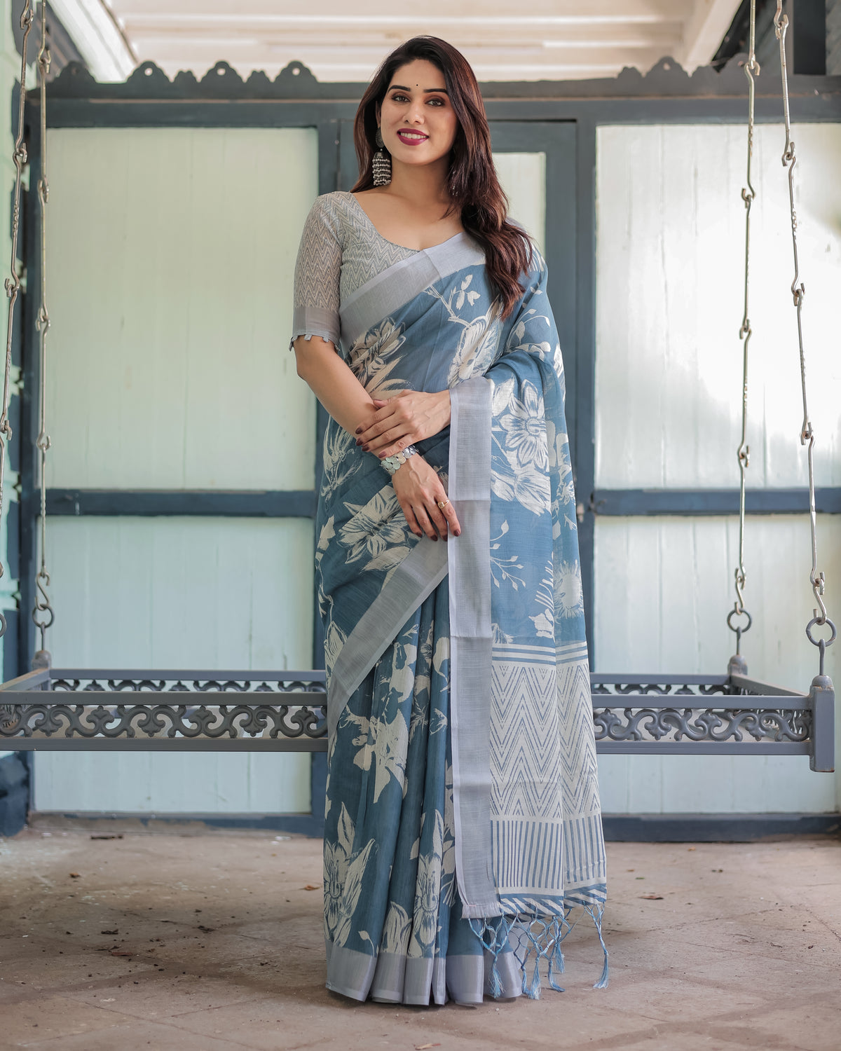 Linen Cotton Digital Printed Saree with Silver Zari Patta, Matching Digital Print Blouse, and Zahlar Tassels