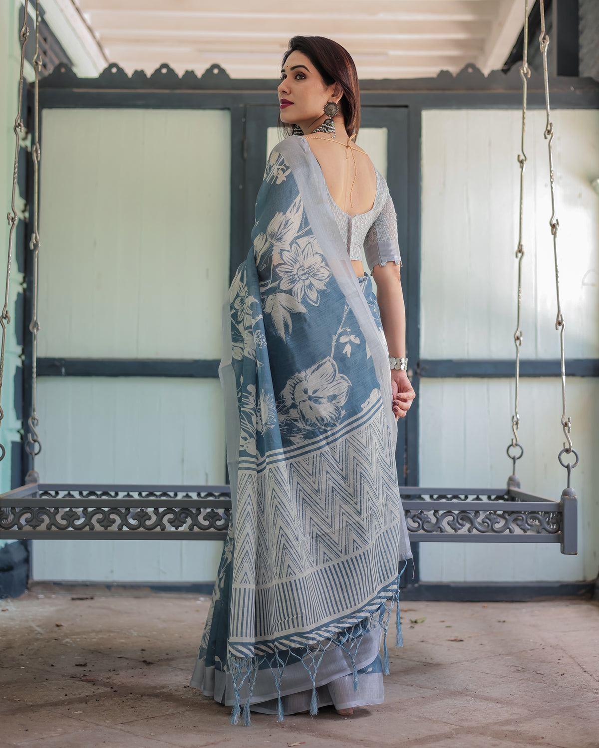 Linen Cotton Digital Printed Saree with Silver Zari Patta, Matching Digital Print Blouse, and Zahlar Tassels