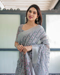 Regal Zari Zahlar Premium Linen Cotton Digital Printed Saree with Silver Weaving Zari Patta & Matching Blouse