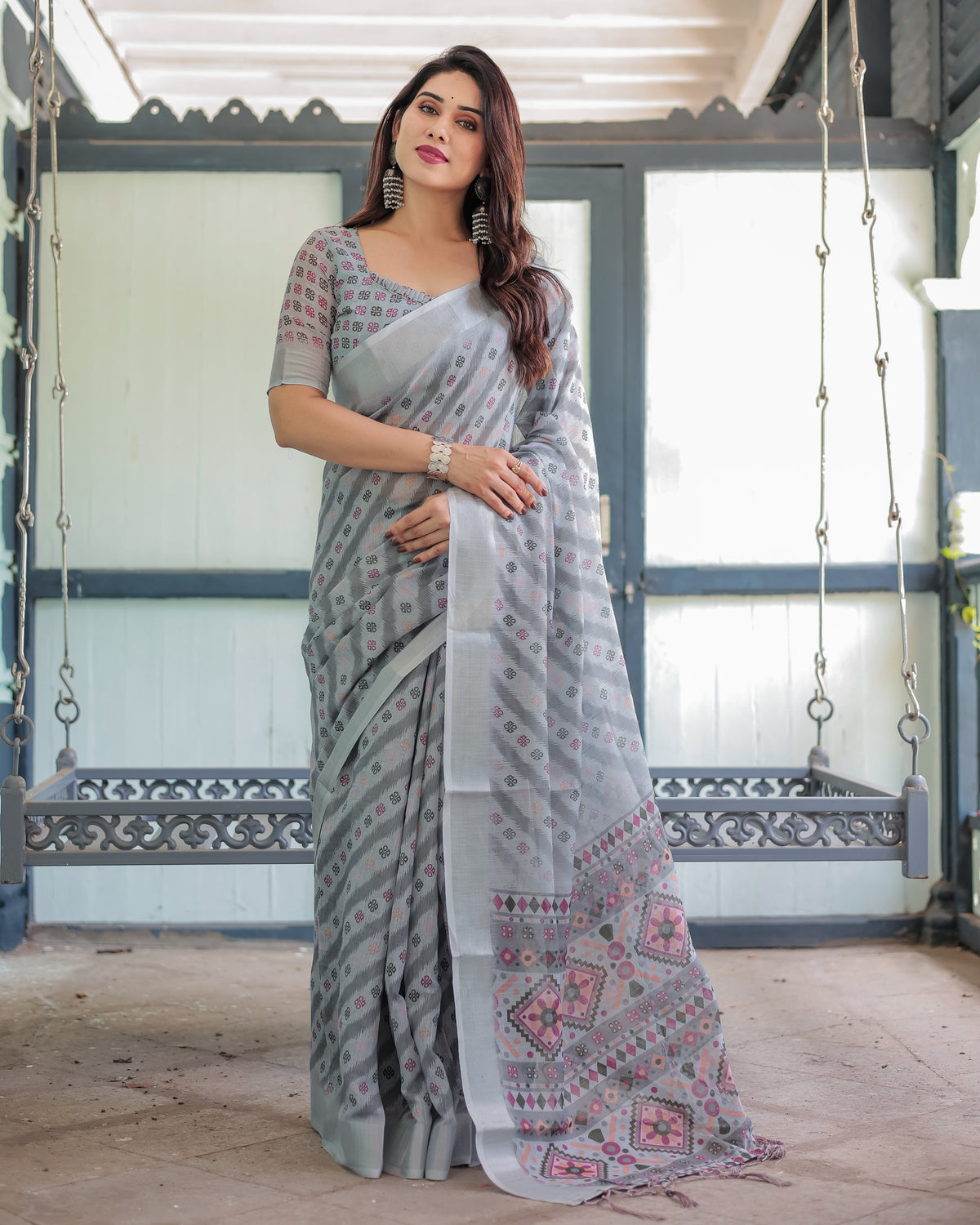Regal Zari Zahlar Premium Linen Cotton Digital Printed Saree with Silver Weaving Zari Patta & Matching Blouse