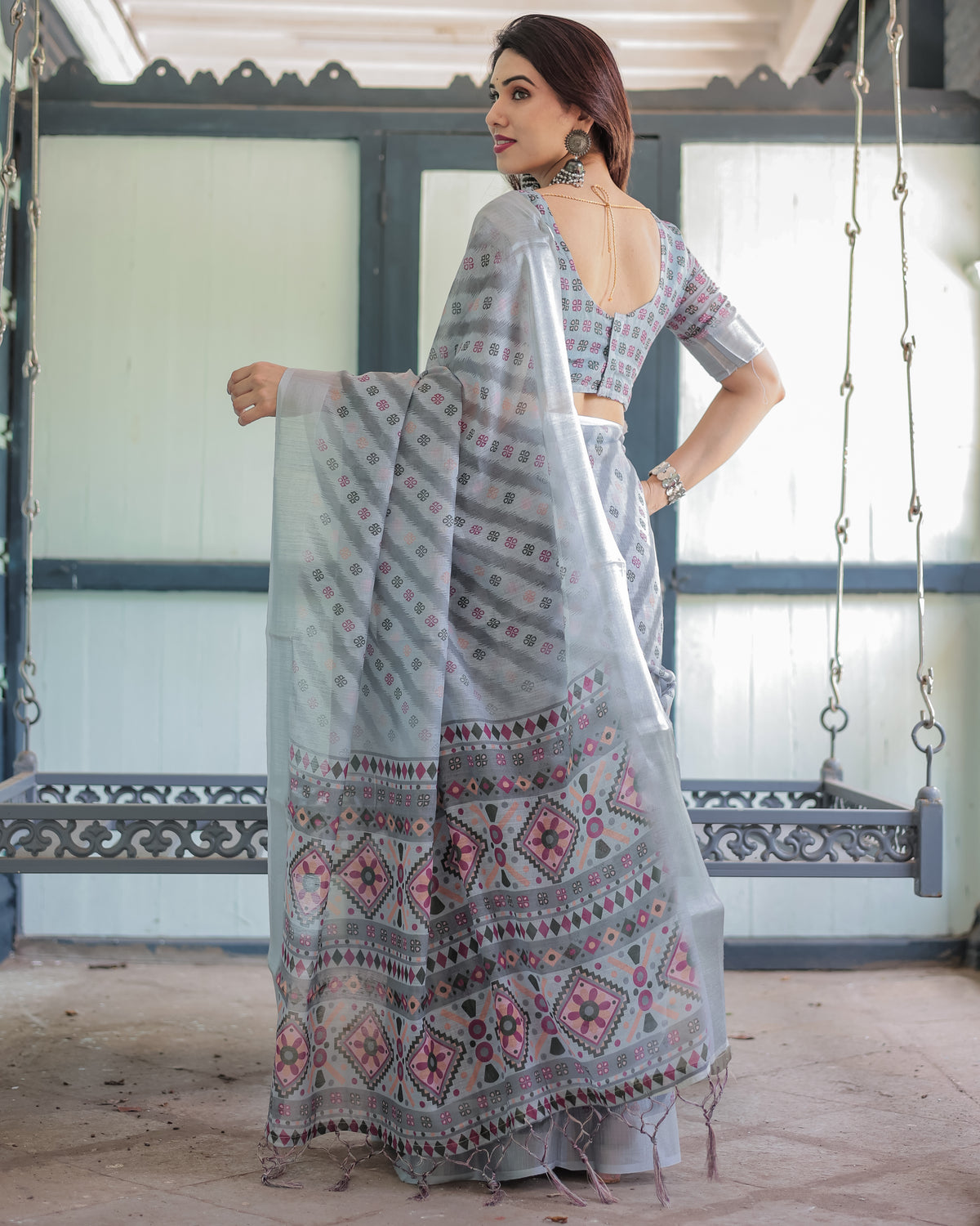 Regal Zari Zahlar Premium Linen Cotton Digital Printed Saree with Silver Weaving Zari Patta & Matching Blouse