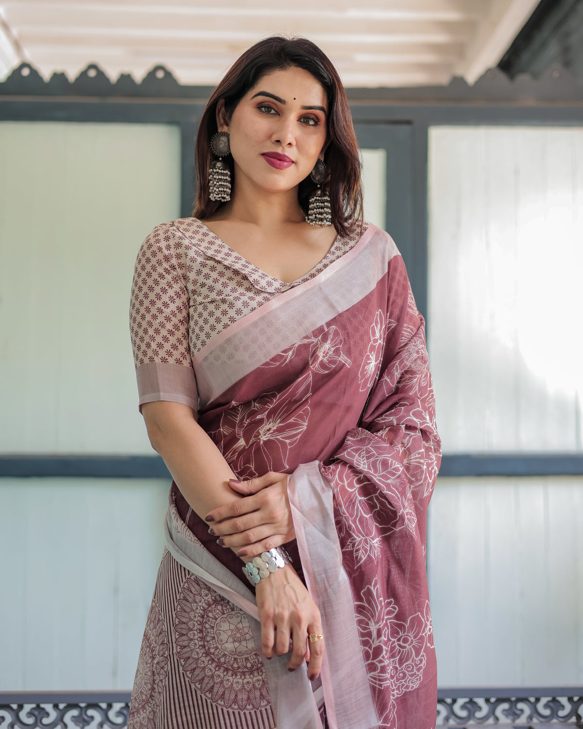 Linen Cotton Digital Printed Saree with Silver Zari Patta, Matching Digital Print Blouse, and Zahlar Tassels