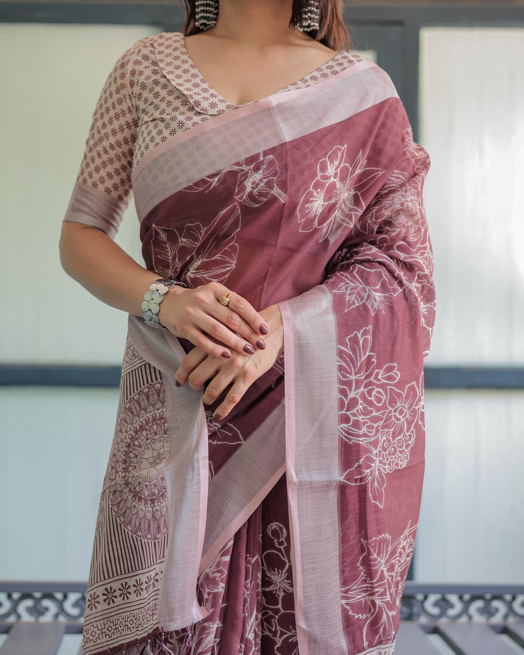 Linen Cotton Digital Printed Saree with Silver Zari Patta, Matching Digital Print Blouse, and Zahlar Tassels