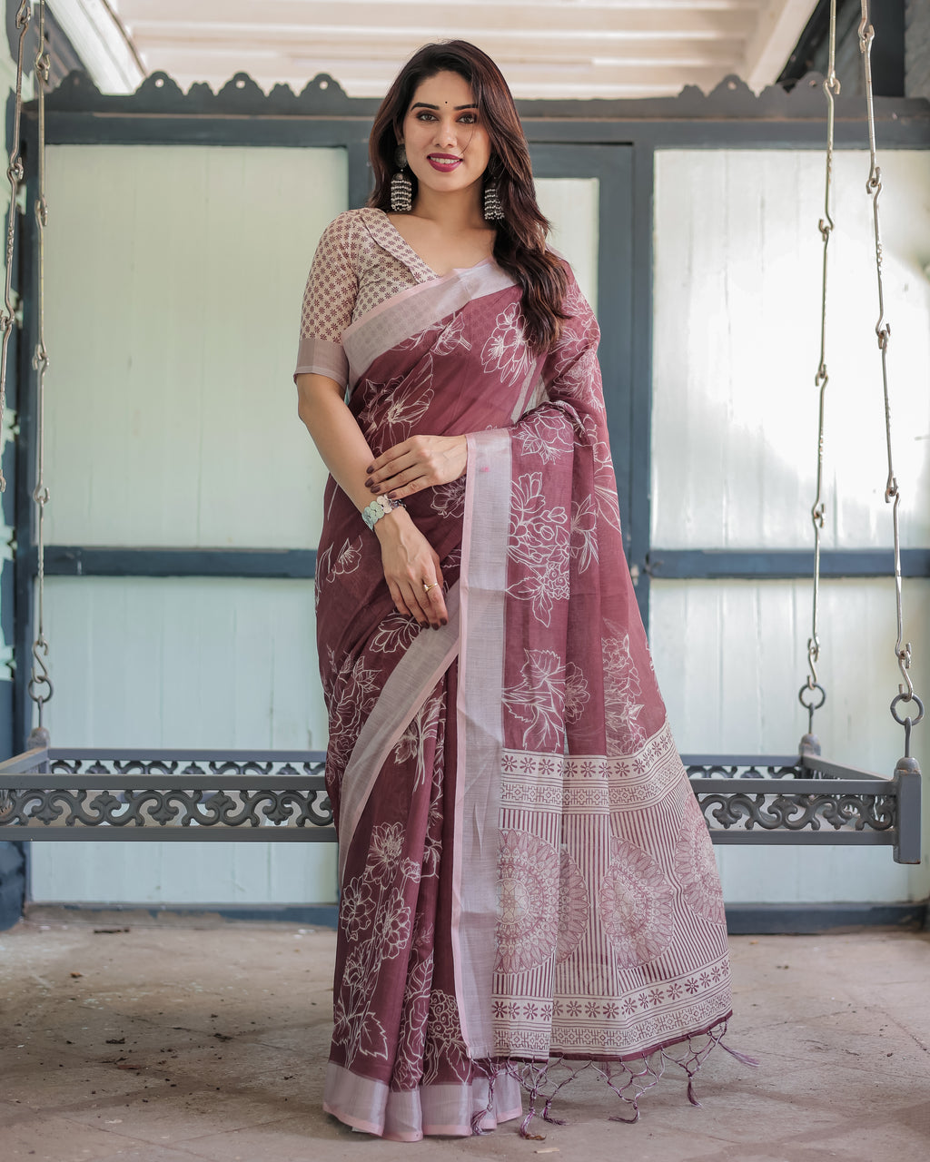 Linen Cotton Digital Printed Saree with Silver Zari Patta, Matching Digital Print Blouse, and Zahlar Tassels