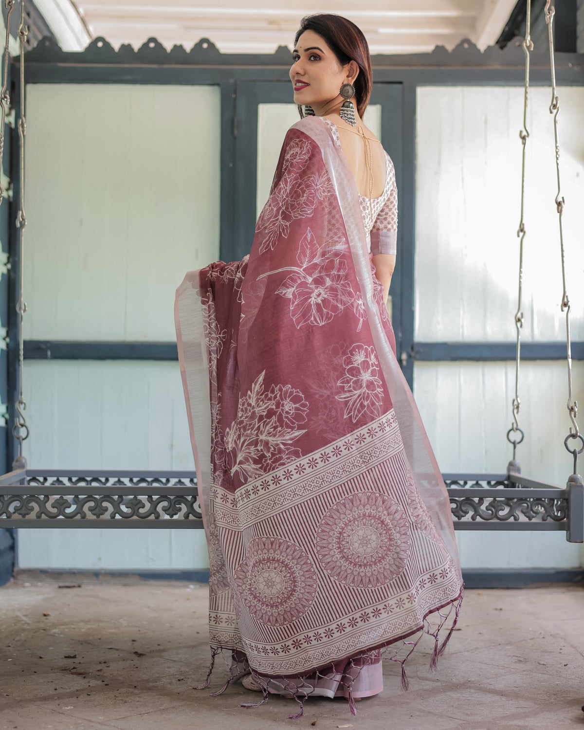 Linen Cotton Digital Printed Saree with Silver Zari Patta, Matching Digital Print Blouse, and Zahlar Tassels
