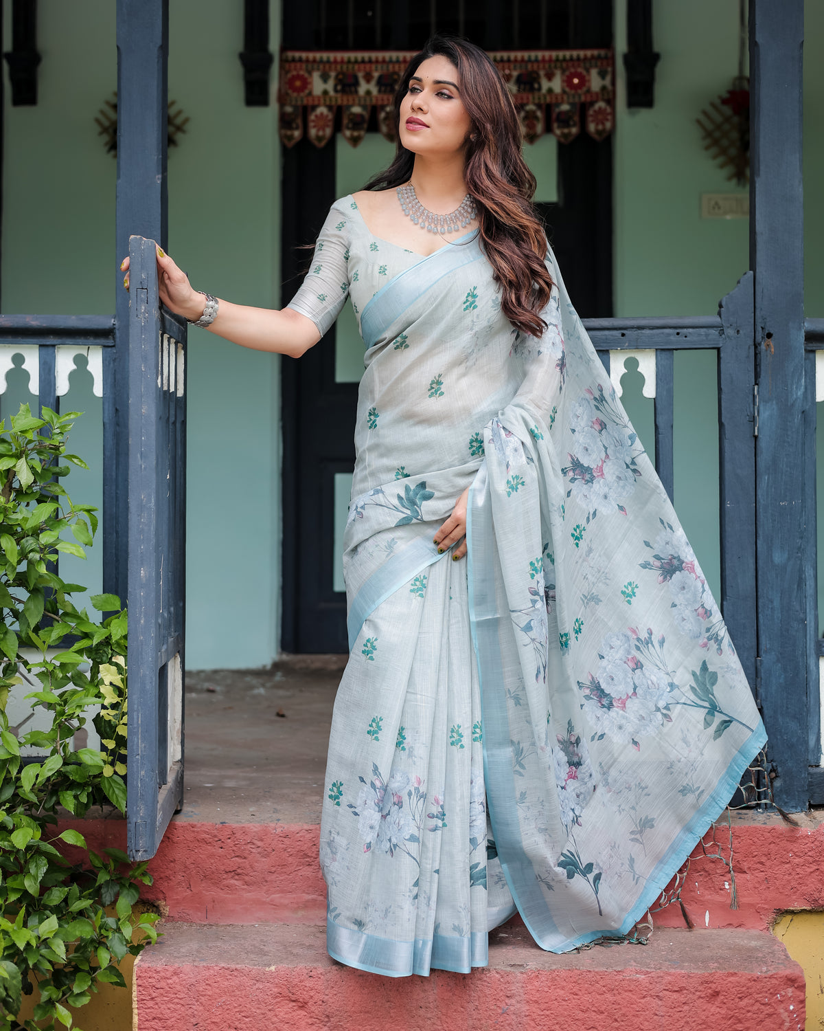 Silver Zahlar Royale Premium Linen Cotton Digital Printed Saree with Zari Patta & Matching Blouse