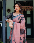Zahlar Zari Grace Linen Cotton Digital Printed Saree with Silver Weaving Zari Patta & Matching Blouse
