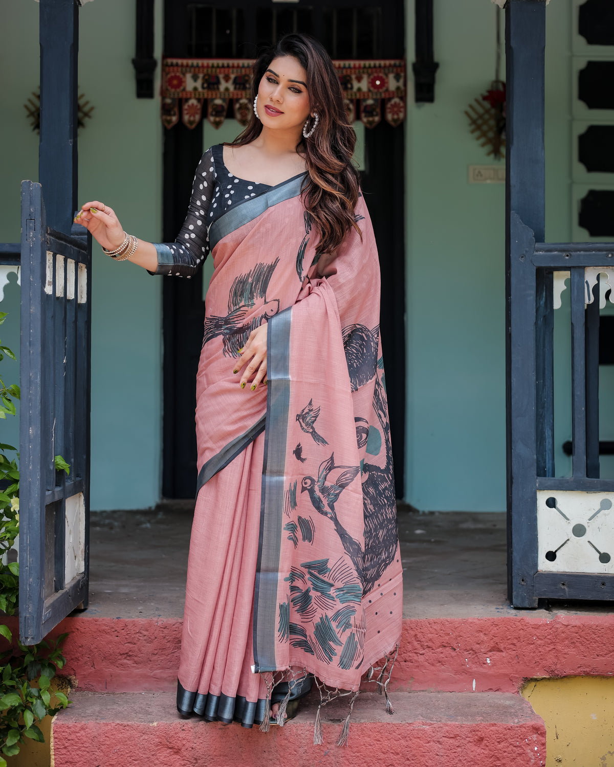 Zahlar Zari Grace Linen Cotton Digital Printed Saree with Silver Weaving Zari Patta & Matching Blouse