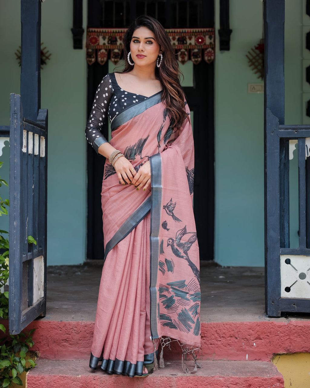 Zahlar Zari Grace Linen Cotton Digital Printed Saree with Silver Weaving Zari Patta & Matching Blouse